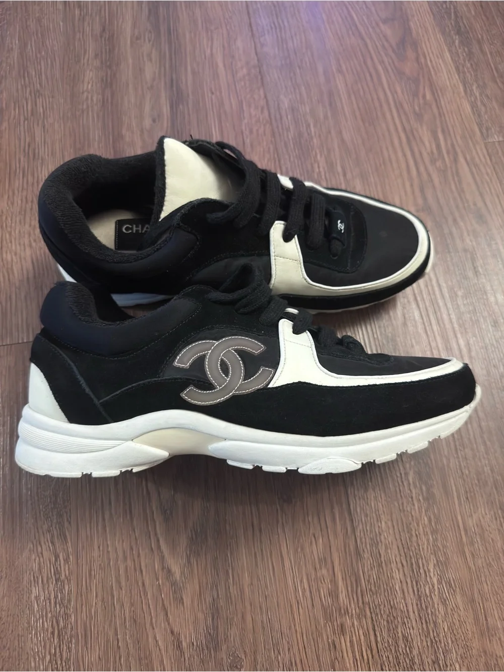 CHANEL Black and White Low-Top CC Logo Sneakers